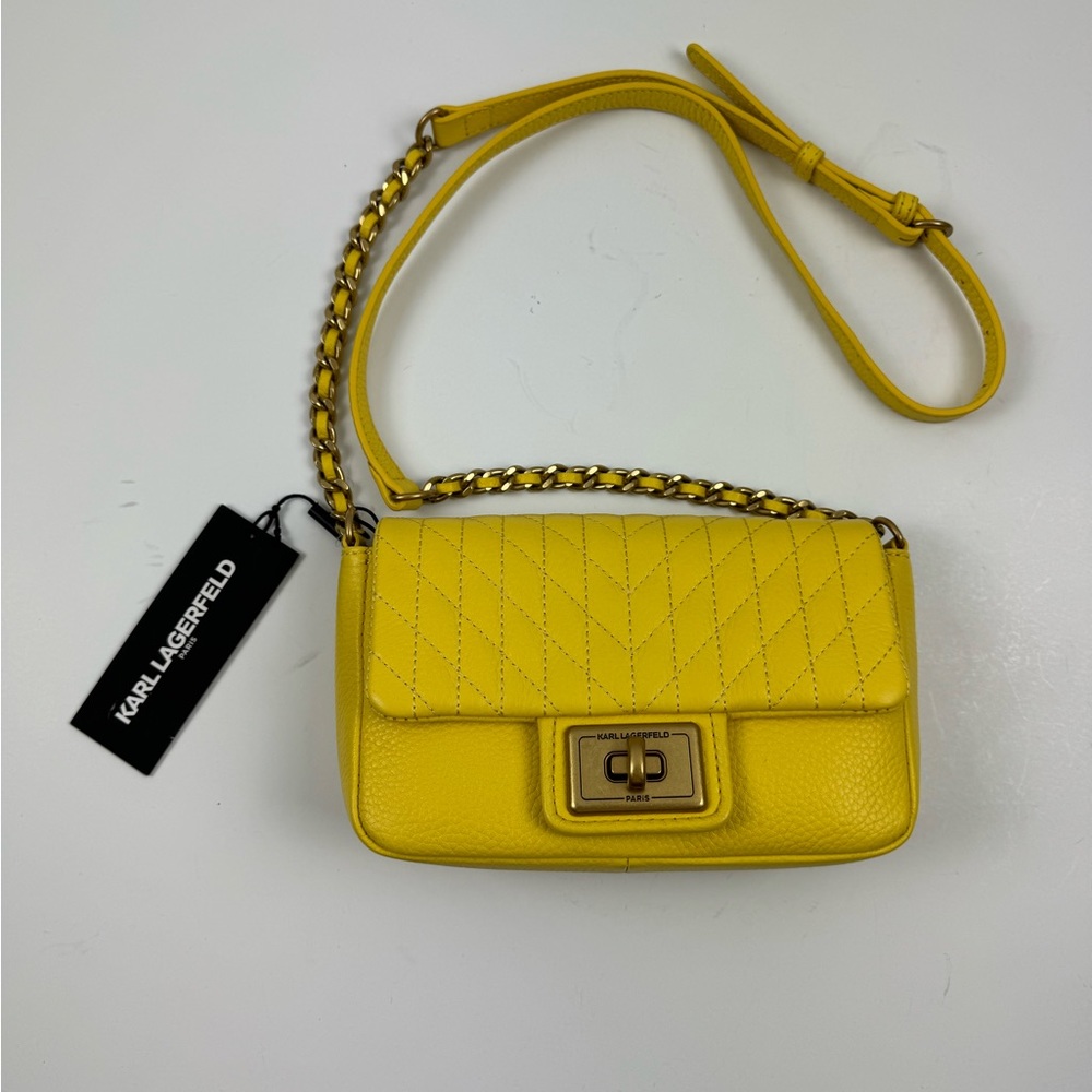 NWT KARL LAGERFELD AGYNESS SHOULDER BAG‎ CROSSBODY PURSE YELLOW LEATHER $228